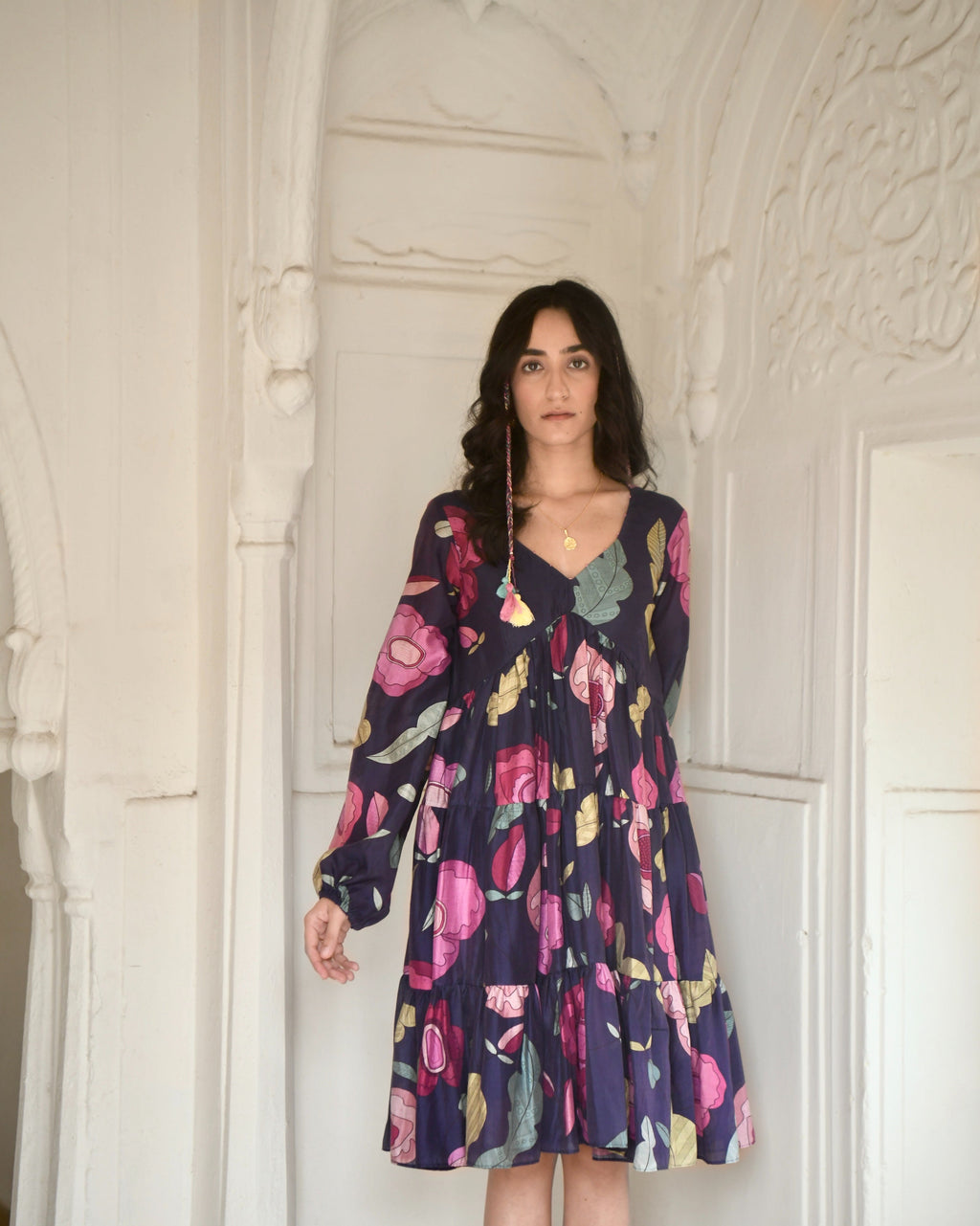 Blue Tiered Dress at Kamakhyaa by Taro. This item is Azo Free Dyes, Best Selling, Blue, Chanderi Silk, Evening Wear, FB ADS JUNE, For Anniversary, Garden Of Dreams, July Sale, July Sale 2023, Midi Dresses, Prints, Relaxed Fit, Tiered Dresses, Womenswear