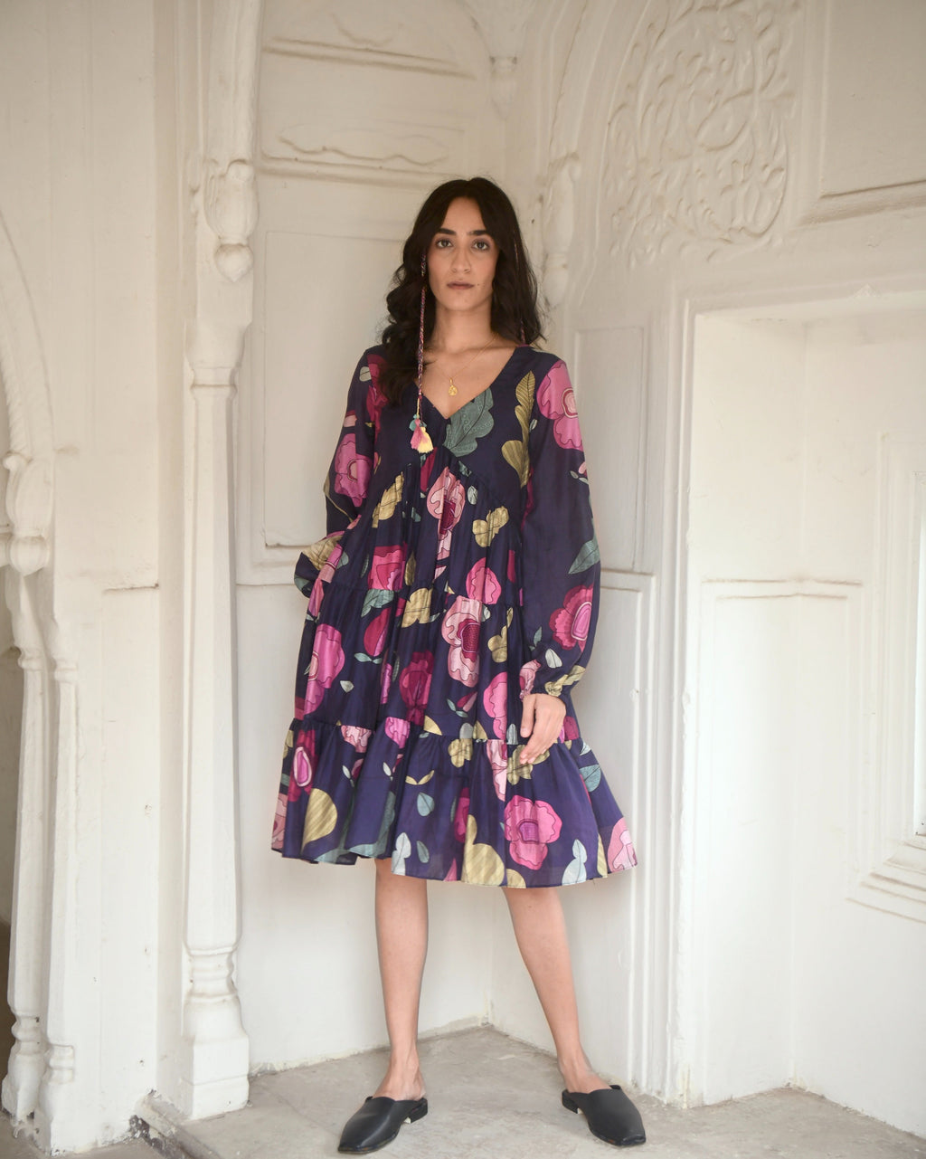 Blue Tiered Dress at Kamakhyaa by Taro. This item is Azo Free Dyes, Best Selling, Blue, Chanderi Silk, Evening Wear, FB ADS JUNE, For Anniversary, Garden Of Dreams, July Sale, July Sale 2023, Midi Dresses, Prints, Relaxed Fit, Tiered Dresses, Womenswear