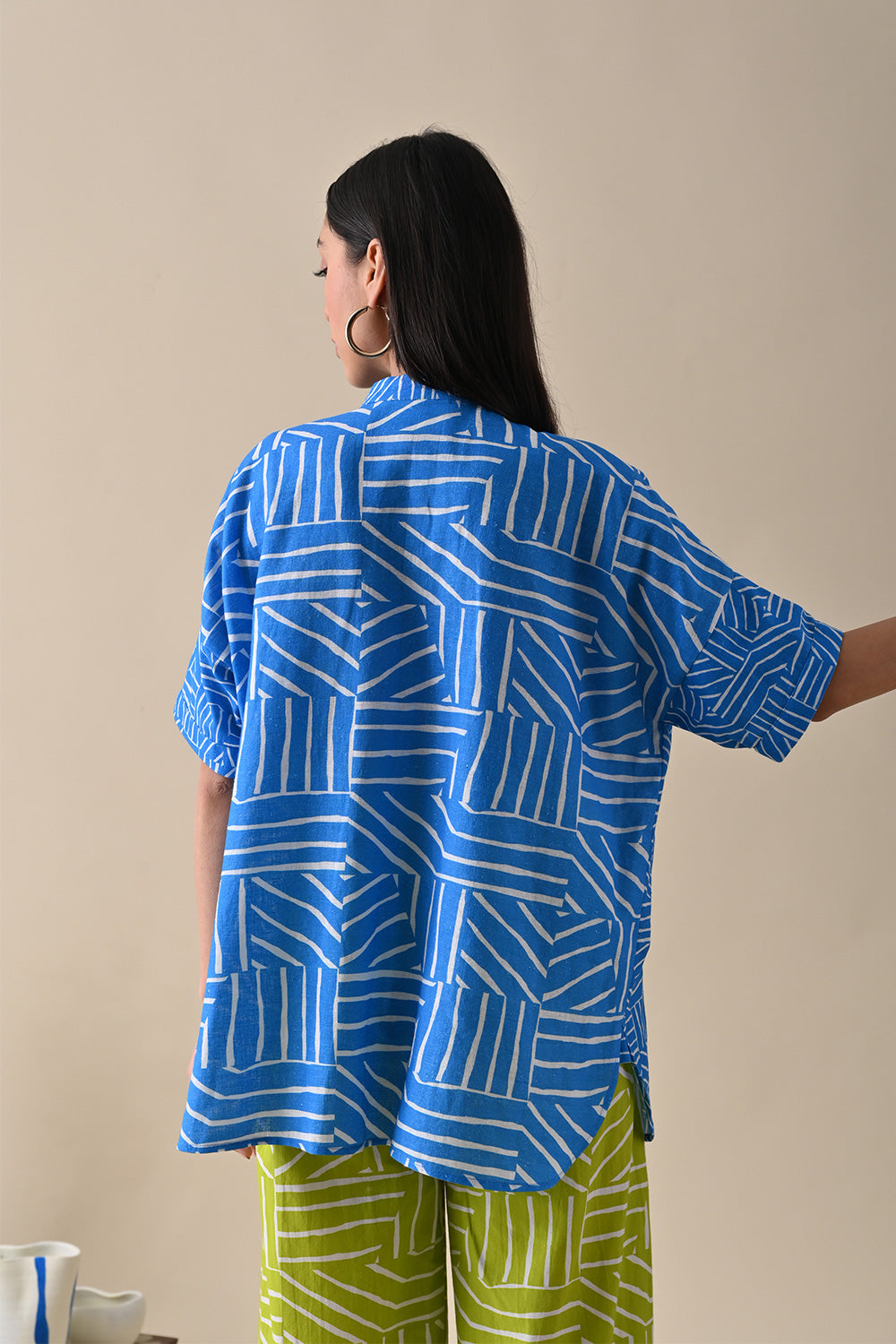 Blue Tunic Top at Kamakhyaa by Kanelle. This item is Blue, Casual Wear, Cotton Hemp, July Sale, Life in Colours, Lines, Natural with azo dyes, Prints, Relaxed Fit, Shirts, Womenswear