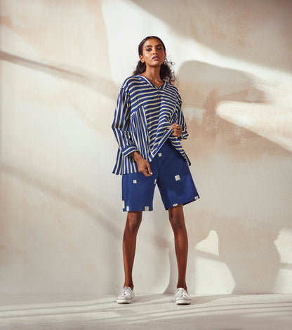 Blue Two Piece Set at Kamakhyaa by Khara Kapas. This item is Blue, Co-ord Sets, Cotton, Endless Summer, For Siblings, Natural, Regular Fit, Resort Wear, Short Sets, Stripes, Travel, Travel Co-ords, Womenswear