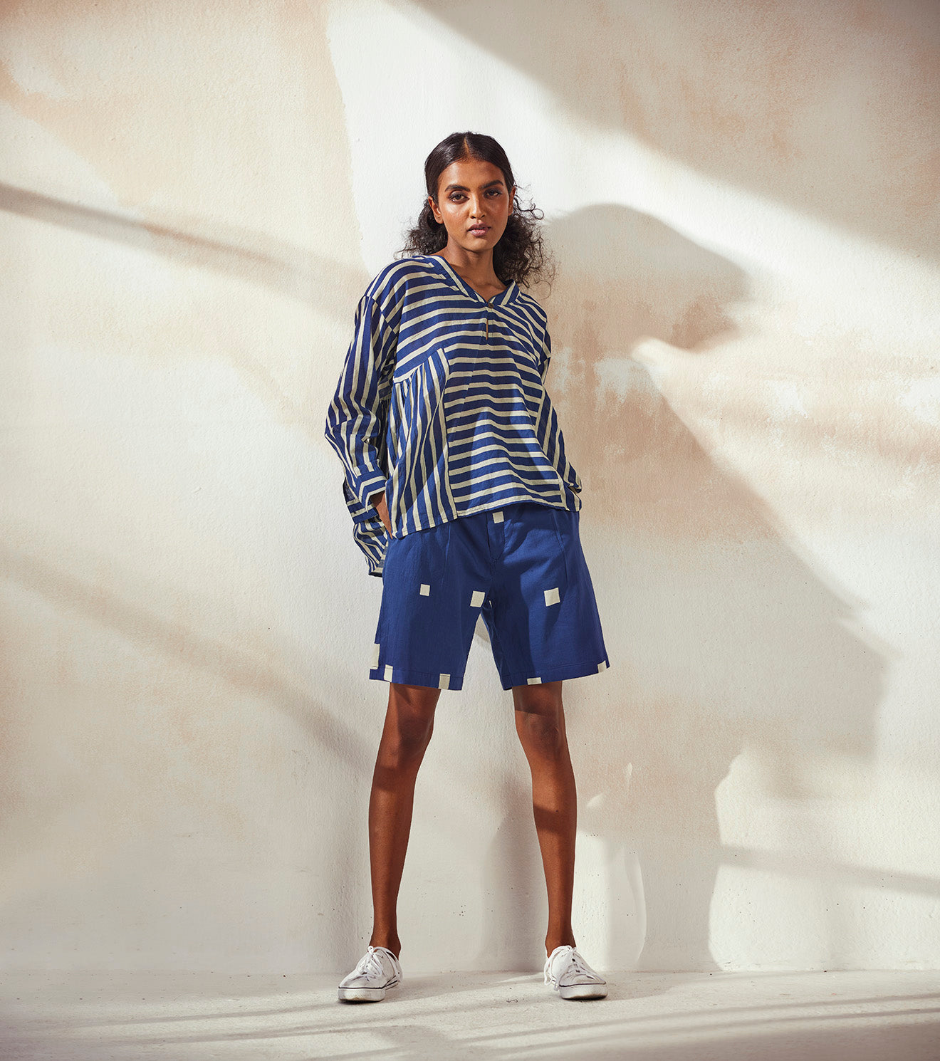 Blue Two Piece Set at Kamakhyaa by Khara Kapas. This item is Blue, Co-ord Sets, Cotton, Endless Summer, For Siblings, Natural, Regular Fit, Resort Wear, Short Sets, Stripes, Travel, Travel Co-ords, Womenswear
