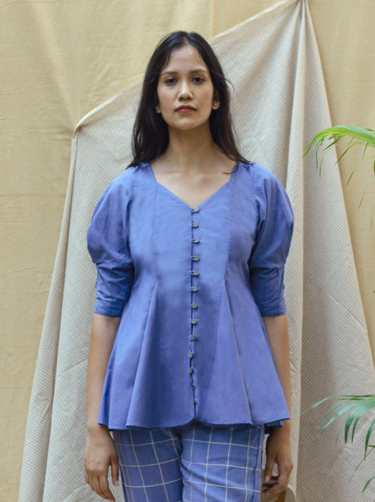Blue V-Neck Cotton Shirt at Kamakhyaa by Chambray & Co.. This item is Blue, Casual Wear, Echo, Hand Spun Cotton, Natural, Regular Fit, Shirts, Solids, Tops, Womenswear