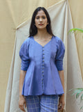 Blue V-Neck Cotton Shirt at Kamakhyaa by Chambray & Co.. This item is Blue, Casual Wear, Echo, Hand Spun Cotton, Natural, Regular Fit, Shirts, Solids, Tops, Womenswear