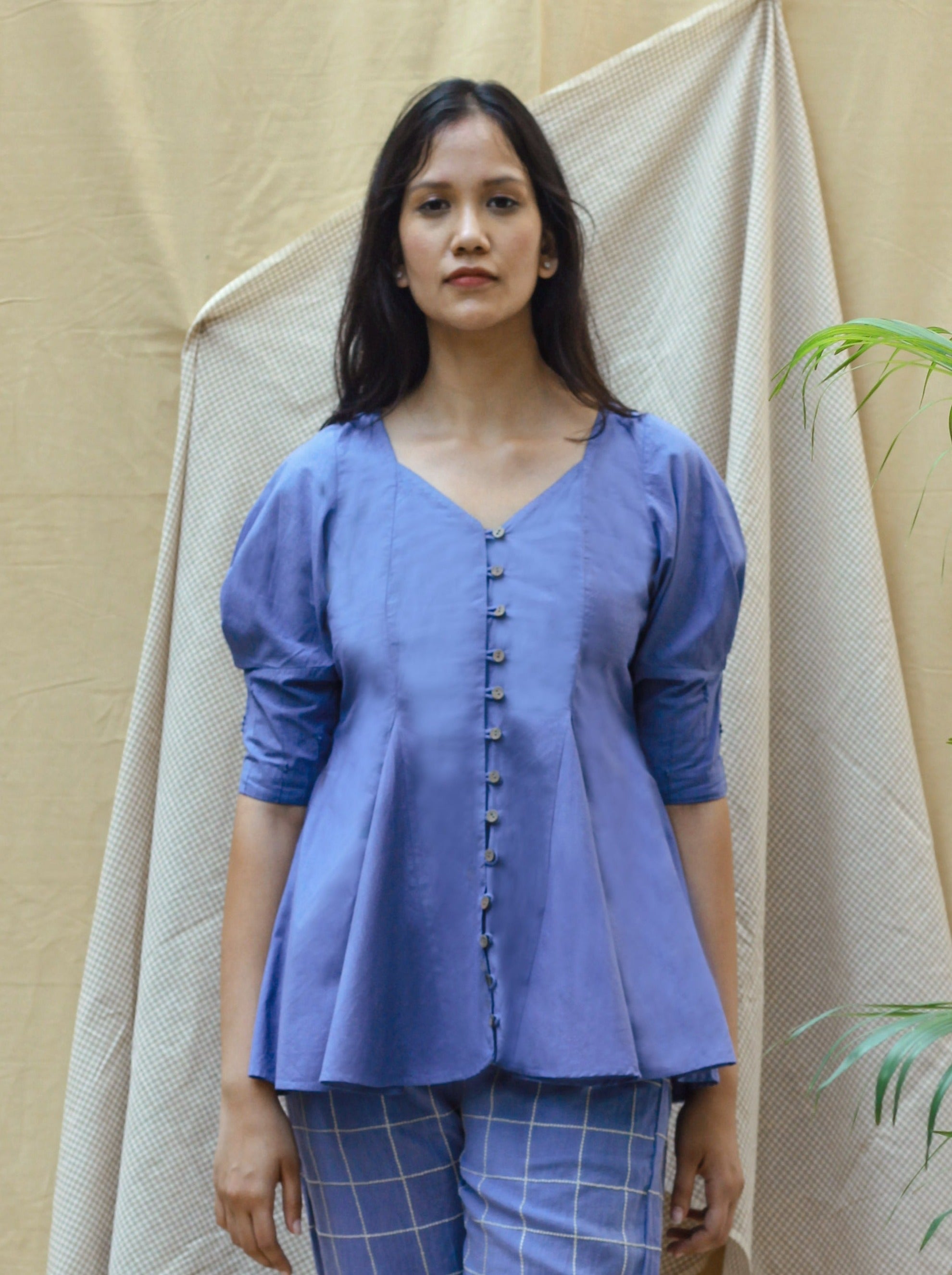 Blue V-Neck Cotton Shirt at Kamakhyaa by Chambray & Co.. This item is Blue, Casual Wear, Echo, Hand Spun Cotton, Natural, Regular Fit, Shirts, Solids, Tops, Womenswear