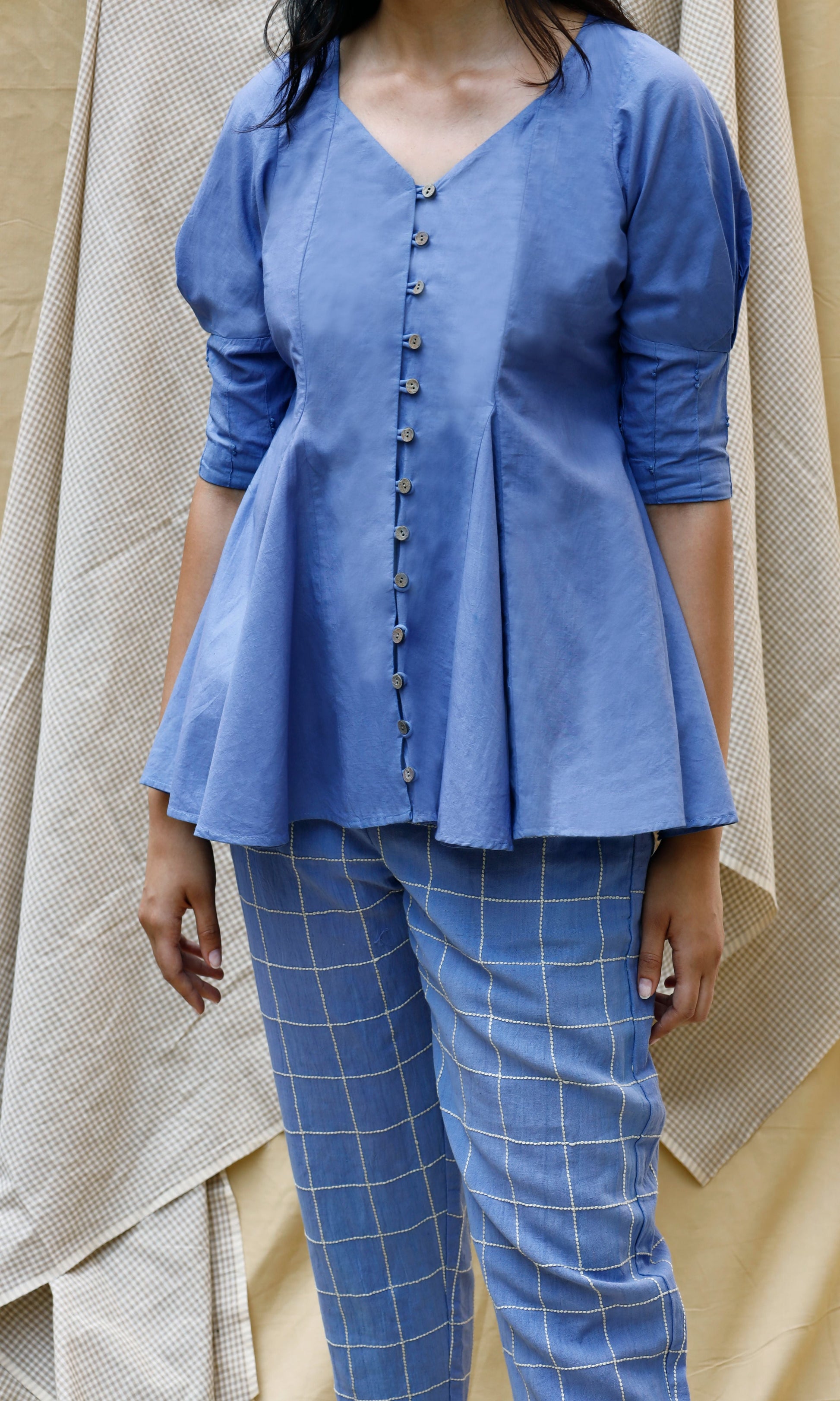 Blue V-Neck Cotton Shirt at Kamakhyaa by Chambray & Co.. This item is Blue, Casual Wear, Echo, Hand Spun Cotton, Natural, Regular Fit, Shirts, Solids, Tops, Womenswear