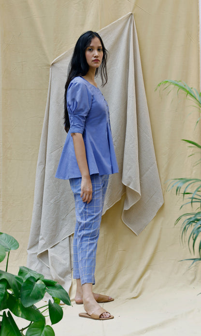 Blue V-Neck Cotton Shirt at Kamakhyaa by Chambray & Co.. This item is Blue, Casual Wear, Echo, Hand Spun Cotton, Natural, Regular Fit, Shirts, Solids, Tops, Womenswear