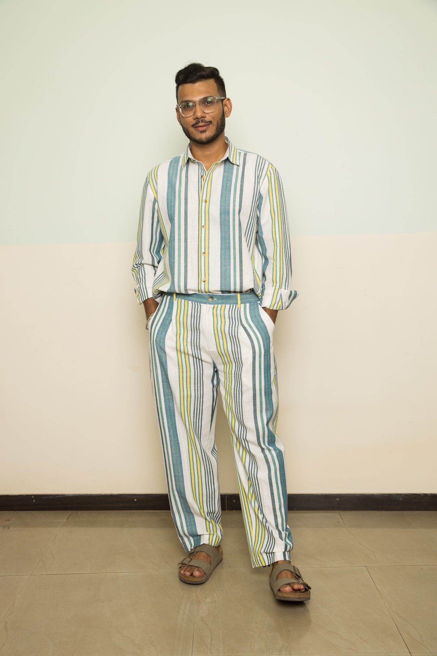 Blue Wanderlust Mens Co-ord at Kamakhyaa by Anushé Pirani. This item is 100% Cotton, Blue, Casual Wear, Handwoven, Handwoven Cotton, Lounge Wear Co-ords, Regular Fit, Stripes, The Co-ord Edit, Womenswear