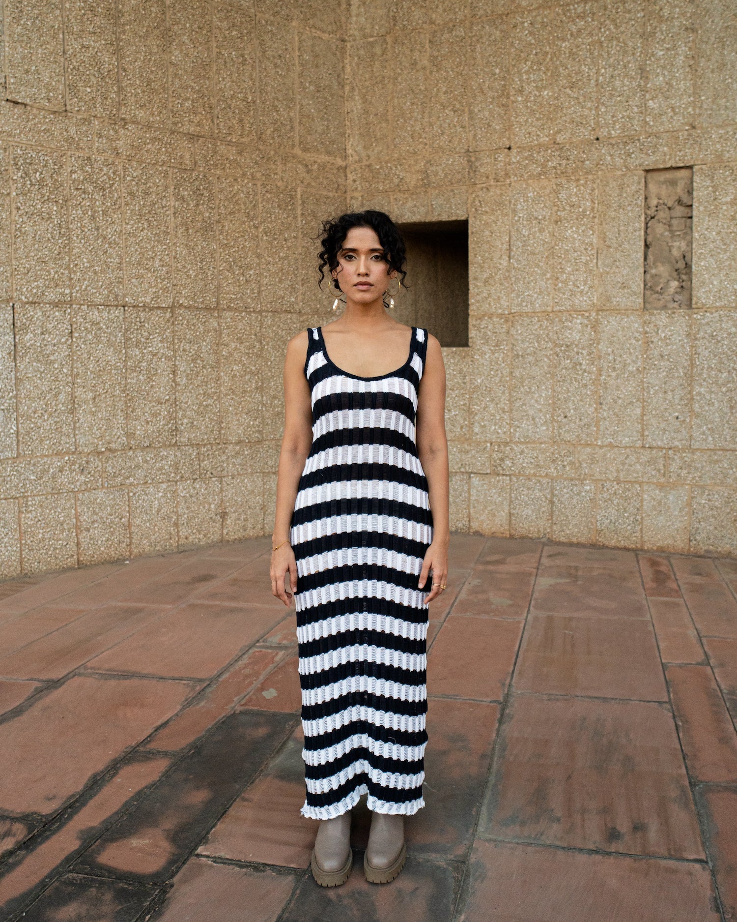 Blue & White Stripe Midi Dress at Kamakhyaa by Meko Studio. This item is Blue, Casual Wear, Hand Knitted, July Sale, July Sale 2023, Midi Dresses, Recycled Cotton, Recycled Polyster, Relaxed Fit, Sleeveless Dresses, Stripes, Tranquil AW-22/23, White, Womenswear
