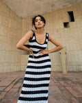 Blue & White Stripe Midi Dress at Kamakhyaa by Meko Studio. This item is Blue, Casual Wear, Hand Knitted, July Sale, July Sale 2023, Midi Dresses, Recycled Cotton, Recycled Polyster, Relaxed Fit, Sleeveless Dresses, Stripes, Tranquil AW-22/23, White, Womenswear