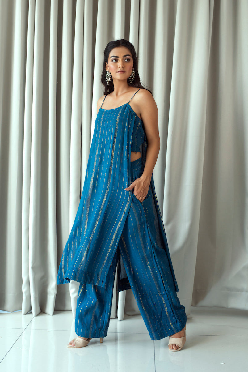 Blue Zari Sleeveless Two Piece Set at Kamakhyaa by Taro. This item is Bahaar Taro, Best Selling, Blue, Co-ord Sets, Cotton Blend, Duplicate, Evening Wear, FB ADS JUNE, For Anniversary, July Sale, July Sale 2023, Natural, party, Party Wear Co-ords, Regular Fit, Textured, Womenswear