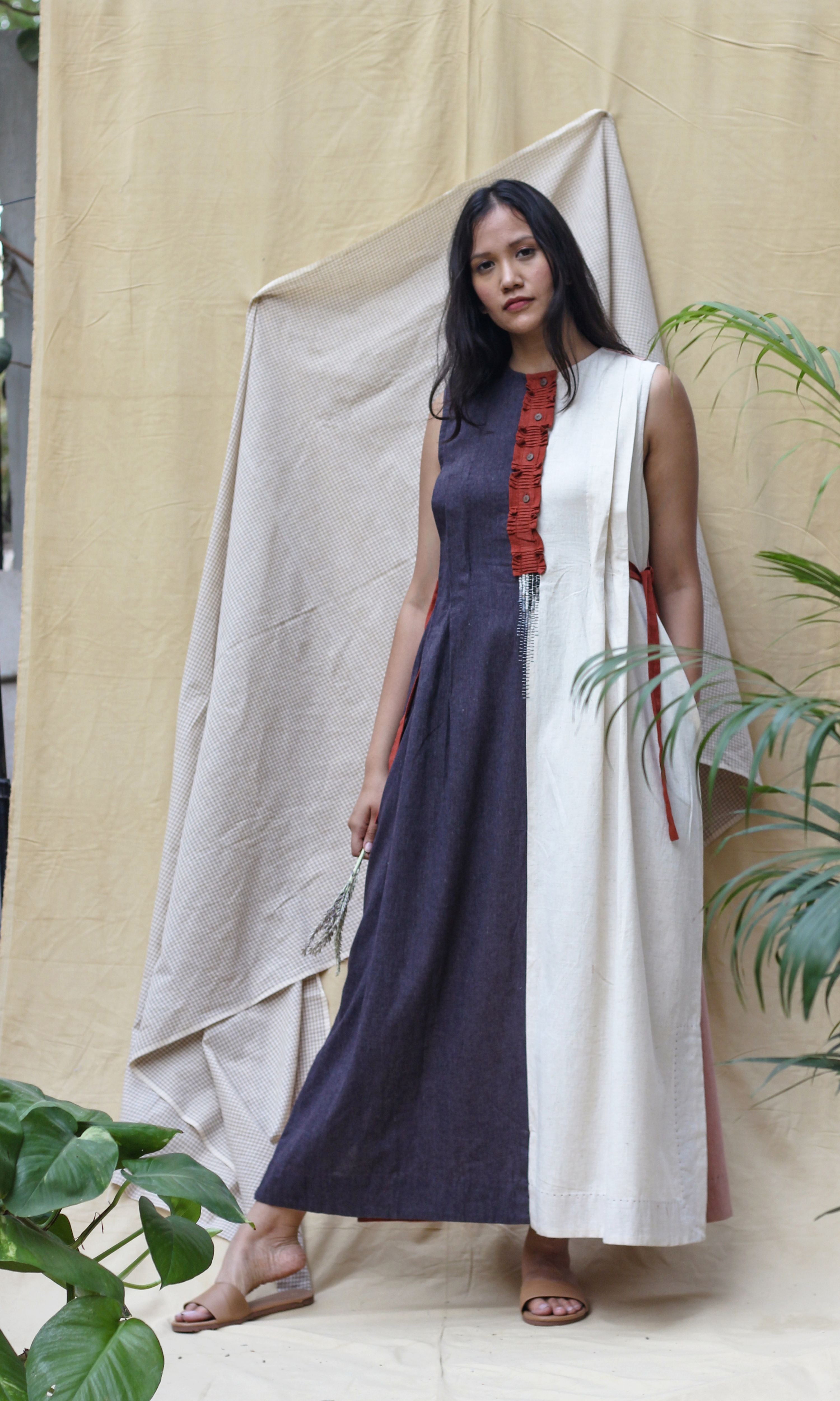 Blue and White Sleeveless Maxi Dress at Kamakhyaa by Chambray & Co.. This item is Casual Wear, Hand Spun Cotton, Maxi Dresses, Natural, Red, Regular Fit, Render, Solids, White, Womenswear