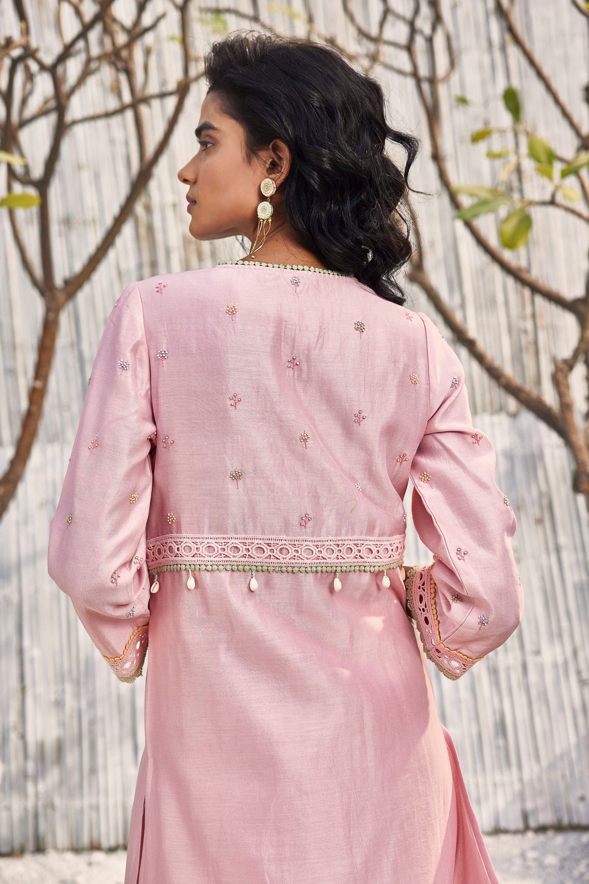 Blush Pink A-line Kurta with Palazzo - Set of 3 at Kamakhyaa by Charkhee. This item is Cotton, Cotton Satin, Dobby Cotton, Festive Wear, For Mother, Indian Wear, Kurta Palazzo Sets, Natural, Organza, Pink, Prints, Regular Fit, Shores 23, Solids, Wedding Gifts, Womenswear