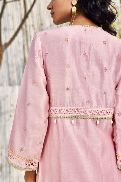 Blush Pink A-line Kurta with Palazzo - Set of 3 at Kamakhyaa by Charkhee. This item is Cotton, Cotton Satin, Dobby Cotton, Festive Wear, For Mother, Indian Wear, Kurta Palazzo Sets, Natural, Organza, Pink, Prints, Regular Fit, Shores 23, Solids, Wedding Gifts, Womenswear