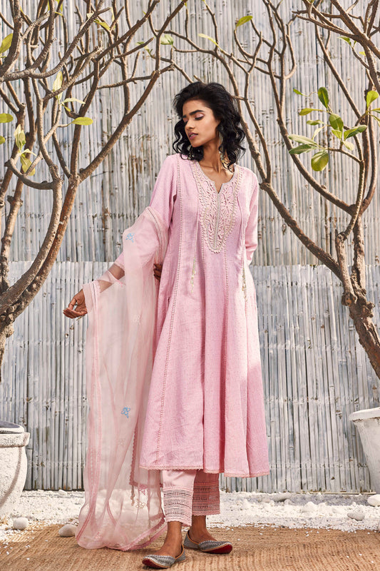 Blush Pink Flairy Cotton Kurta with Pant - Set of 3 at Kamakhyaa by Charkhee. This item is Best Selling, Cotton, Cotton Satin, Dobby Cotton, Festive Wear, Indian Wear, Kurta Pant Sets, Kurta Set With Dupatta, Natural, Pink, Regular Fit, Shores 23, Textured, Womenswear