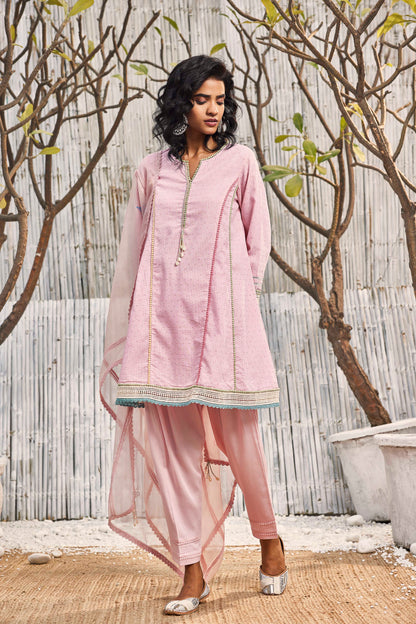 Blush Pink Short Anarkali with Salwar - Set of 3 at Kamakhyaa by Charkhee. This item is Cotton, Dobby Cotton, Festive Wear, Indian Wear, Kurta Salwar Sets, Kurta Set With Dupatta, Natural, Organza, Pink, Regular Fit, Shores 23, Textured, Womenswear