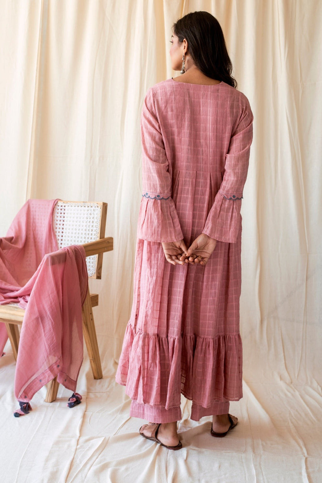 Blushed in Pink Set at Kamakhyaa by Taro. This item is Checks, Evening Wear, Handloom Cotton, Indian Wear, July Sale, July Sale 2023, Kurta Palazzo Sets, Kurta Set With Dupatta, Natural, Pink, Relaxed Fit, Rozana Taro, Womenswear
