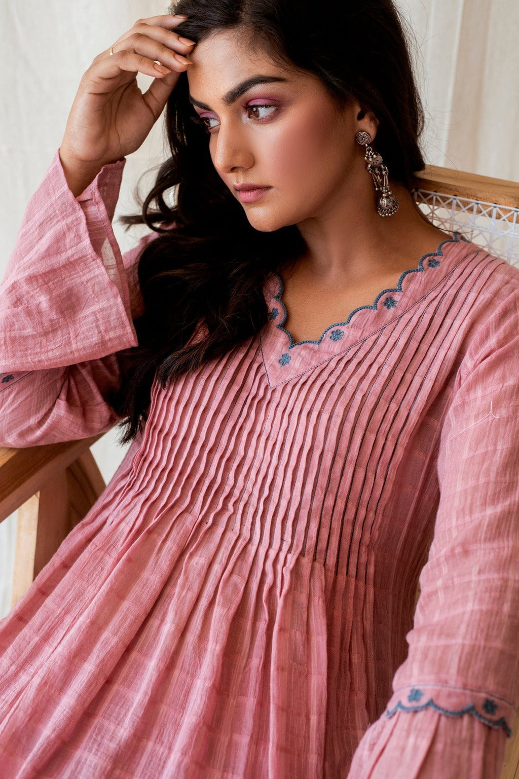Blushed in Pink Set at Kamakhyaa by Taro. This item is Checks, Evening Wear, Handloom Cotton, Indian Wear, July Sale, July Sale 2023, Kurta Palazzo Sets, Kurta Set With Dupatta, Natural, Pink, Relaxed Fit, Rozana Taro, Womenswear