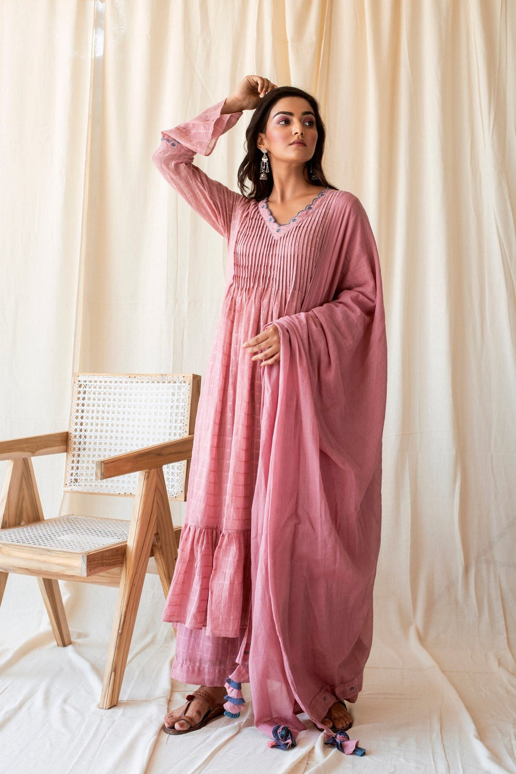 Blushed in Pink Set at Kamakhyaa by Taro. This item is Checks, Evening Wear, Handloom Cotton, Indian Wear, July Sale, July Sale 2023, Kurta Palazzo Sets, Kurta Set With Dupatta, Natural, Pink, Relaxed Fit, Rozana Taro, Womenswear