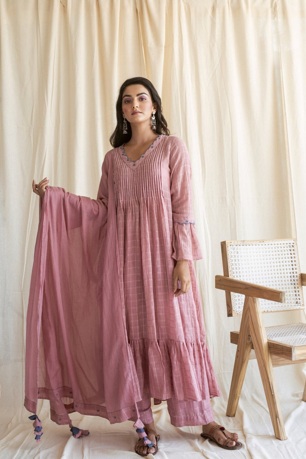Blushed in Pink Set at Kamakhyaa by Taro. This item is Checks, Evening Wear, Handloom Cotton, Indian Wear, July Sale, July Sale 2023, Kurta Palazzo Sets, Kurta Set With Dupatta, Natural, Pink, Relaxed Fit, Rozana Taro, Womenswear