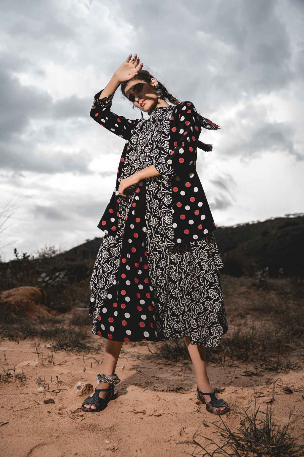 Boho Cowl Dress With Short Jacket - Set Of 2 at Kamakhyaa by Keva. This item is Black, Block Prints, Co-ord Sets, Cotton, Dress Sets, Jackets, Midi Dresses, Natural, Relaxed Fit, Resort Wear, Wild Child, Womenswear