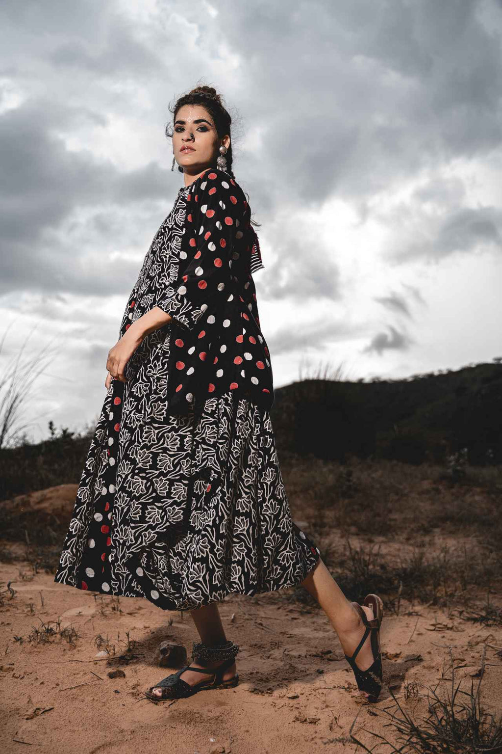 Boho Cowl Dress With Short Jacket - Set Of 2 at Kamakhyaa by Keva. This item is Black, Block Prints, Co-ord Sets, Cotton, Dress Sets, Jackets, Midi Dresses, Natural, Relaxed Fit, Resort Wear, Wild Child, Womenswear