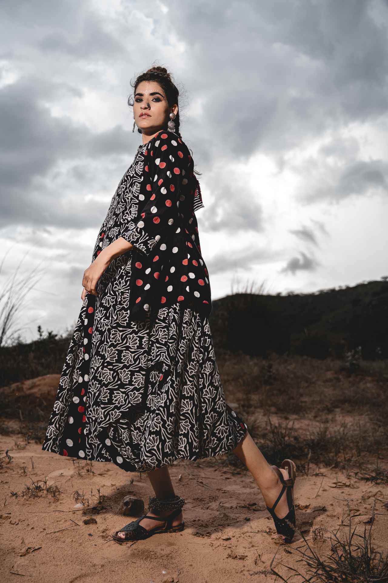 Boho Cowl Dress With Short Jacket - Set Of 2 at Kamakhyaa by Keva. This item is Black, Block Prints, Co-ord Sets, Cotton, Dress Sets, Jackets, Midi Dresses, Natural, Relaxed Fit, Resort Wear, Wild Child, Womenswear