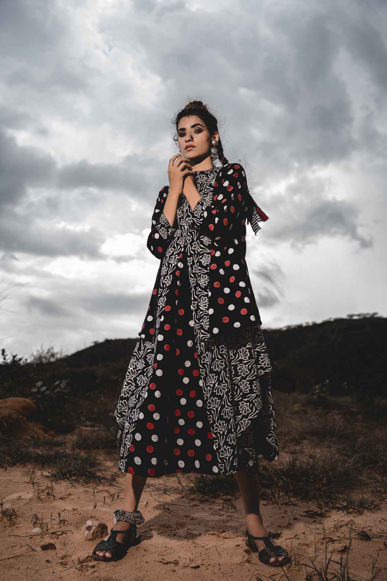 Boho Cowl Dress With Short Jacket - Set Of 2 at Kamakhyaa by Keva. This item is Black, Block Prints, Co-ord Sets, Cotton, Dress Sets, Jackets, Midi Dresses, Natural, Relaxed Fit, Resort Wear, Wild Child, Womenswear