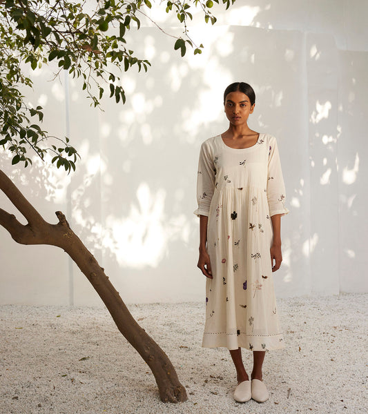 Botanical Dress at Kamakhyaa by Khara Kapas. This item is Casual Wear, Midi Dresses, Mul Cotton, Off-White, Oh! Sussana Spring 2023, Organic, Relaxed Fit, Solids, Womenswear