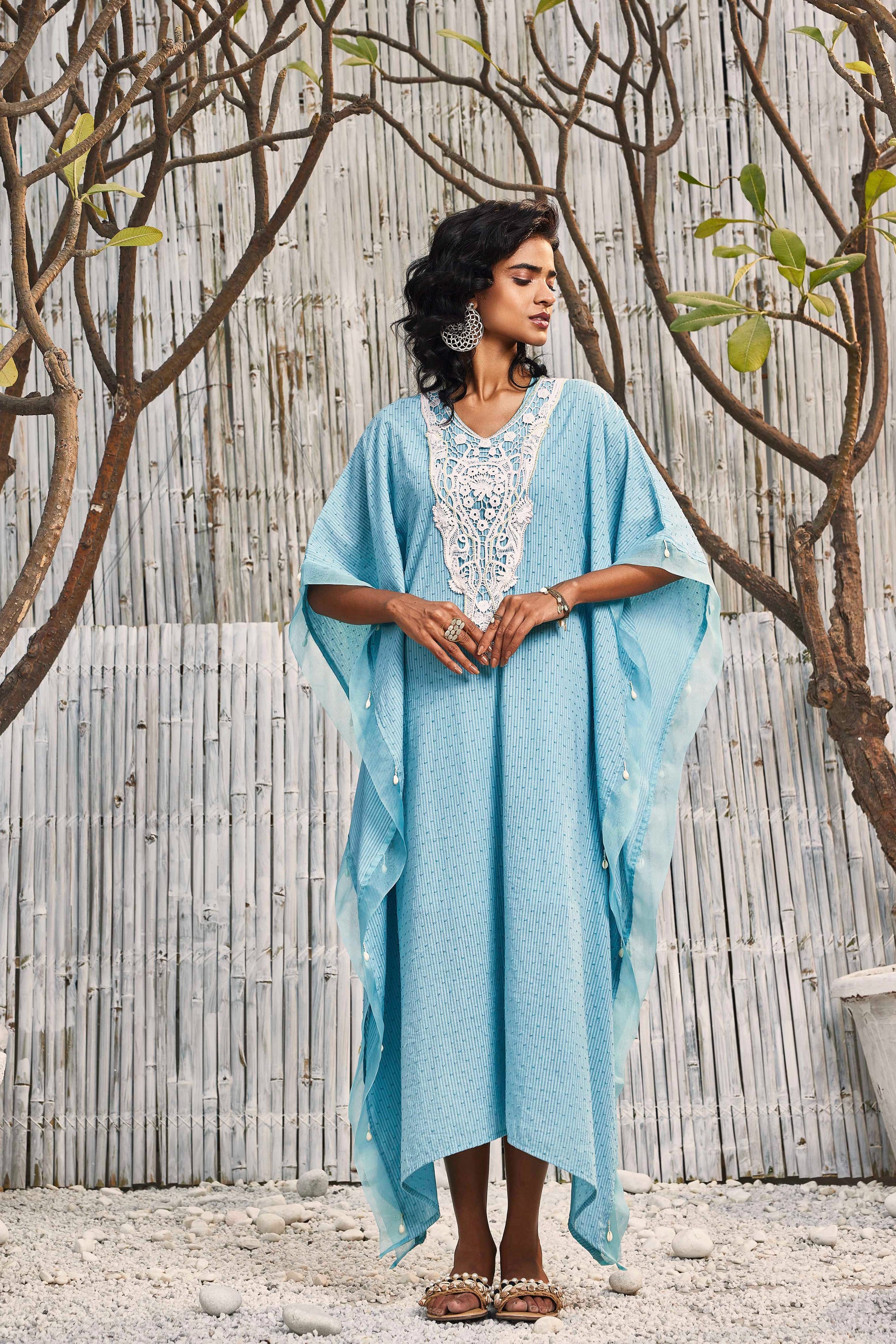 Breezy Cotton Kaftan - Blue at Kamakhyaa by Charkhee. This item is Best Selling, Blue, Cotton, Cotton Satin, Dobby Cotton, Festive Wear, Kaftans, Midi Dresses, Natural, Regular Fit, Shores 23, Textured, Womenswear