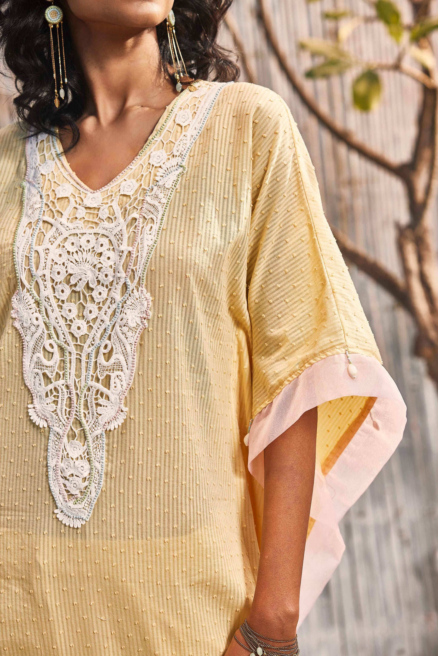 Breezy Cotton Kaftan - Yellow at Kamakhyaa by Charkhee. This item is Best Selling, Cotton, Dobby Cotton, Festive Wear, Kaftans, Midi Dresses, Natural, Regular Fit, Shores 23, Textured, Womenswear, Yellow