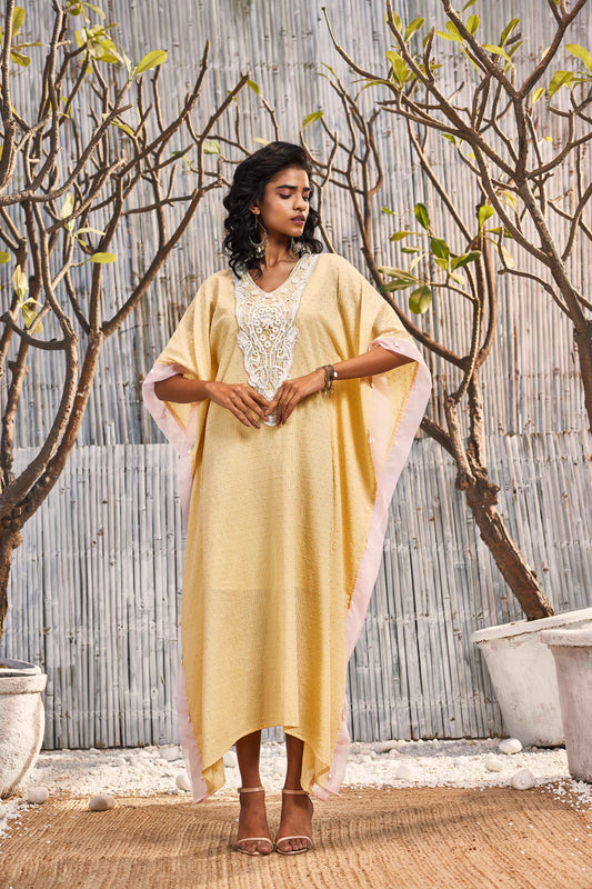Breezy Cotton Kaftan - Yellow at Kamakhyaa by Charkhee. This item is Best Selling, Cotton, Dobby Cotton, Festive Wear, Kaftans, Midi Dresses, Natural, Regular Fit, Shores 23, Textured, Womenswear, Yellow