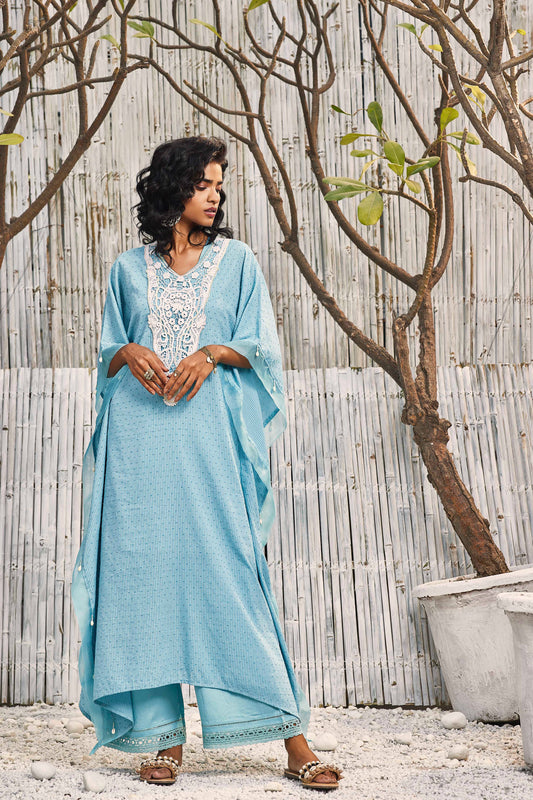 Breezy Cotton Kaftan with Palazzo - Set of 2 - Blue at Kamakhyaa by Charkhee. This item is Best Selling, Blue, Cotton, Cotton Satin, Dobby Cotton, Festive Wear, For Mother, Indian Wear, Kurta Palazzo Sets, Natural, Regular Fit, Shores 23, Textured, Womenswear