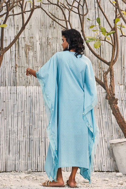 Breezy Cotton Kaftan with Palazzo - Set of 2 - Blue at Kamakhyaa by Charkhee. This item is Best Selling, Blue, Cotton, Cotton Satin, Dobby Cotton, Festive Wear, For Mother, Indian Wear, Kurta Palazzo Sets, Natural, Regular Fit, Shores 23, Textured, Womenswear