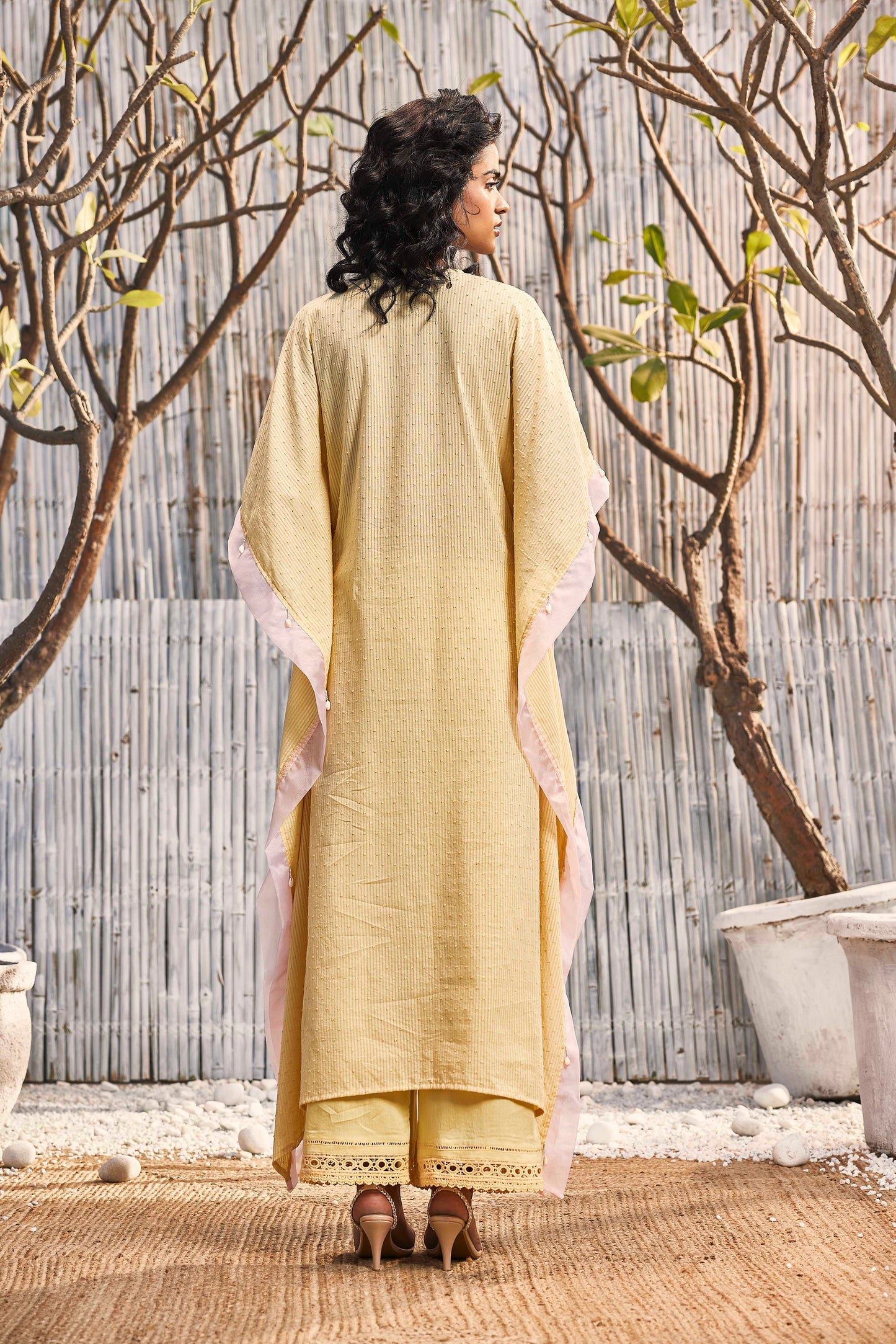 Breezy Cotton Kaftan with Palazzo - Set of 2 - Yellow at Kamakhyaa by Charkhee. This item is Best Selling, Cotton, Cotton Satin, Dobby Cotton, Festive Wear, For Mother, Indian Wear, Kurta Palazzo Sets, Natural, Regular Fit, Shores 23, Textured, Womenswear, Yellow