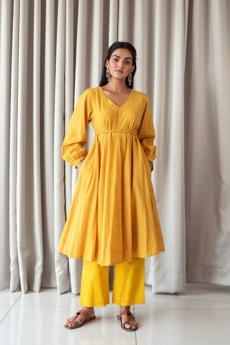Bright Mustard Kurta Set at Kamakhyaa by Taro. This item is Bahaar Taro, Evening Wear, Handloom Cotton, Indian Wear, July Sale, July Sale 2023, Kurta Pant Sets, Natural, Relaxed Fit, Womenswear, Yellow