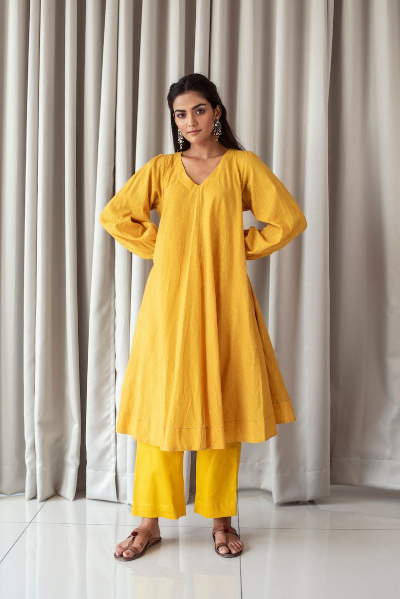 Bright Mustard Kurta Set at Kamakhyaa by Taro. This item is Bahaar Taro, Evening Wear, Handloom Cotton, Indian Wear, July Sale, July Sale 2023, Kurta Pant Sets, Natural, Relaxed Fit, Womenswear, Yellow