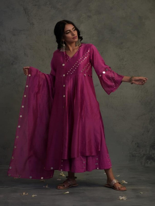 Bright Pink Bell Sleeve Kurta Set at Kamakhyaa by Charkhee. This item is Chanderi, Cotton, Embellished, Ethnic Wear, Indian Wear, Kurta Palazzo Sets, Kurta Set With Dupatta, Mirror Work, Natural, Pink, Relaxed Fit, Tyohaar, Womenswear