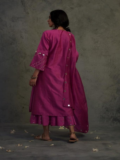Bright Pink Bell Sleeves Kurta Set at Kamakhyaa by Charkhee. This item is Chanderi, Cotton, Embellished, Ethnic Wear, Indian Wear, Kurta Palazzo Sets, Kurta Set With Dupatta, Mirror Work, Natural, Pink, Relaxed Fit, Tyohaar, Womenswear