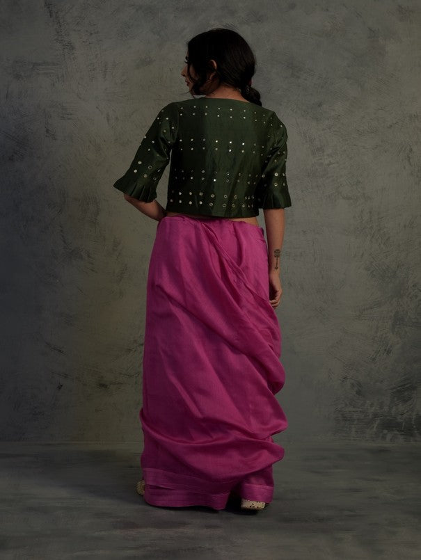 Bright Pink Chanderi Saree Set Of 2 at Kamakhyaa by Charkhee. This item is Chanderi, Cotton, Embellished, Ethnic Wear, Green, Indian Wear, Mirror Work, Natural, Pink, Relaxed Fit, Saree Sets, Tyohaar, Womenswear