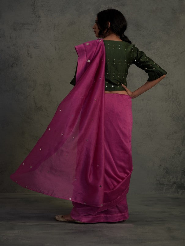 Bright Pink Chanderi Saree Set Of 2 at Kamakhyaa by Charkhee. This item is Chanderi, Cotton, Embellished, Ethnic Wear, Green, Indian Wear, Mirror Work, Natural, Pink, Relaxed Fit, Saree Sets, Tyohaar, Womenswear