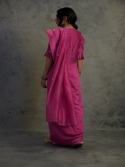 Bright Pink Chanderi Saree With Blouse at Kamakhyaa by Charkhee. This item is Chanderi, Cotton, Embellished, Ethnic Wear, Indian Wear, Mirror Work, Natural, Pink, Relaxed Fit, Saree Sets, Sarees, Tyohaar, Womenswear