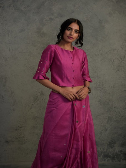 Bright Pink Chanderi Saree With Blouse at Kamakhyaa by Charkhee. This item is Chanderi, Cotton, Embellished, Ethnic Wear, Indian Wear, Mirror Work, Natural, Pink, Relaxed Fit, Saree Sets, Sarees, Tyohaar, Womenswear