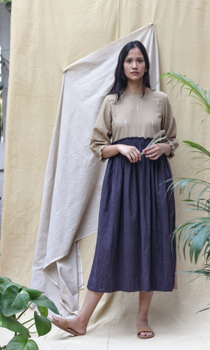 Brown 3/4th Sleeve Midi Dress at Kamakhyaa by Chambray & Co.. This item is Brown, Casual Wear, Hand Spun Cotton, Midi Dresses, Natural, Red, Regular Fit, Render, Solids, Womenswear