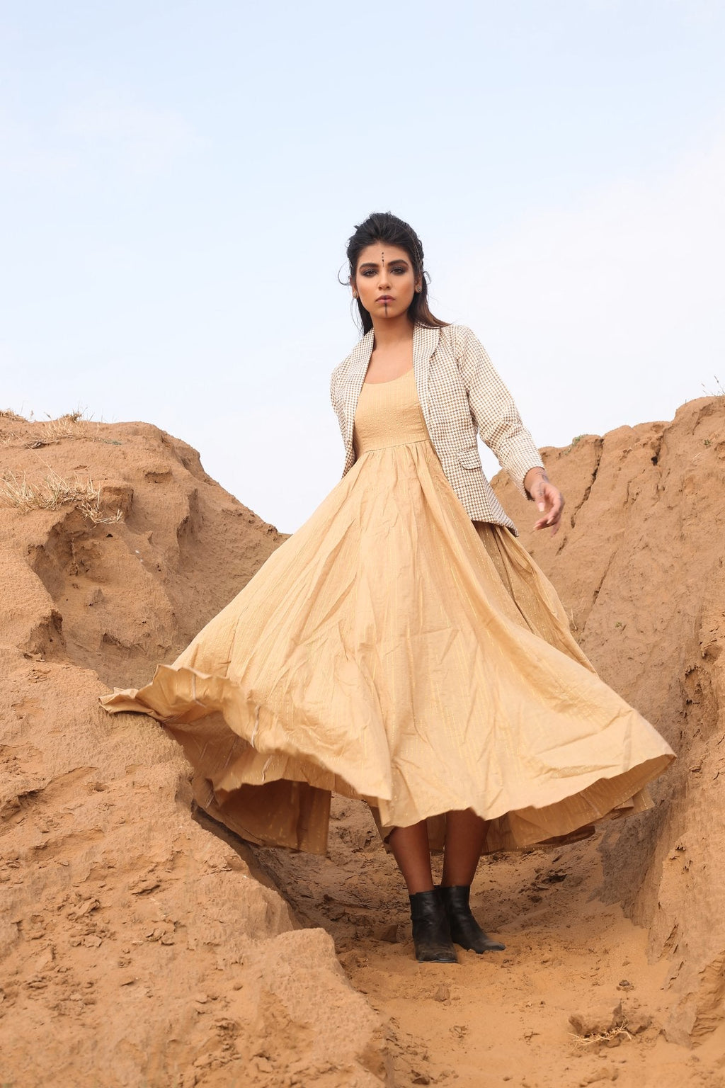 Brown Checkered Short Jacket With Spaghetti Dress - Set Of Two at Kamakhyaa by Keva. This item is Brown, Checks, Co-ord Sets, Cotton, Cotton Lurex, Desert Rose, Dress Sets, fall, For Mother, For Mother W, Jackets, Midi Dresses, Natural, Relaxed Fit, Resort Wear, Womenswear