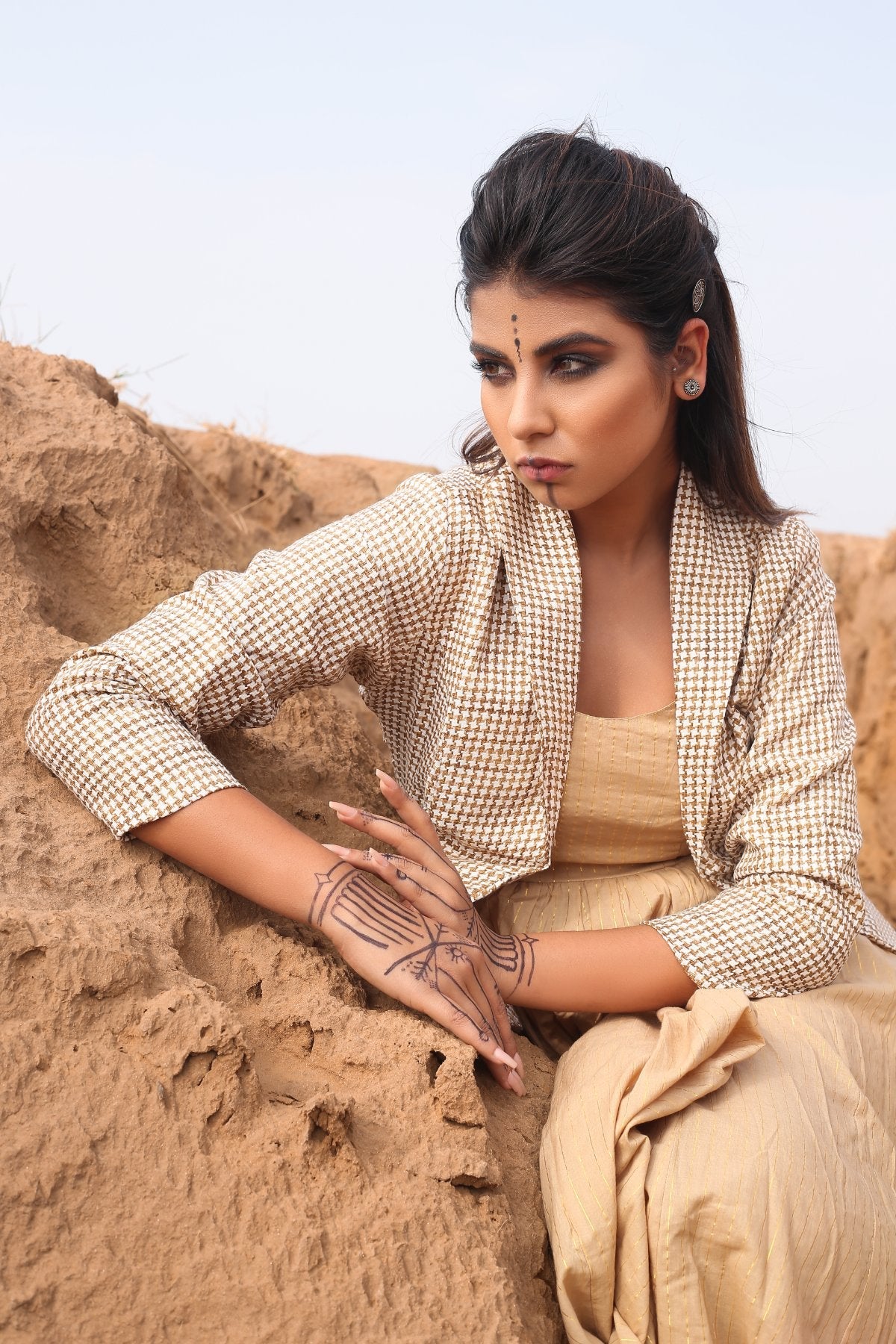 Brown Checkered Short Jacket With Spaghetti Dress - Set Of Two at Kamakhyaa by Keva. This item is Brown, Checks, Co-ord Sets, Cotton, Cotton Lurex, Desert Rose, Dress Sets, fall, For Mother, For Mother W, Jackets, Midi Dresses, Natural, Relaxed Fit, Resort Wear, Womenswear