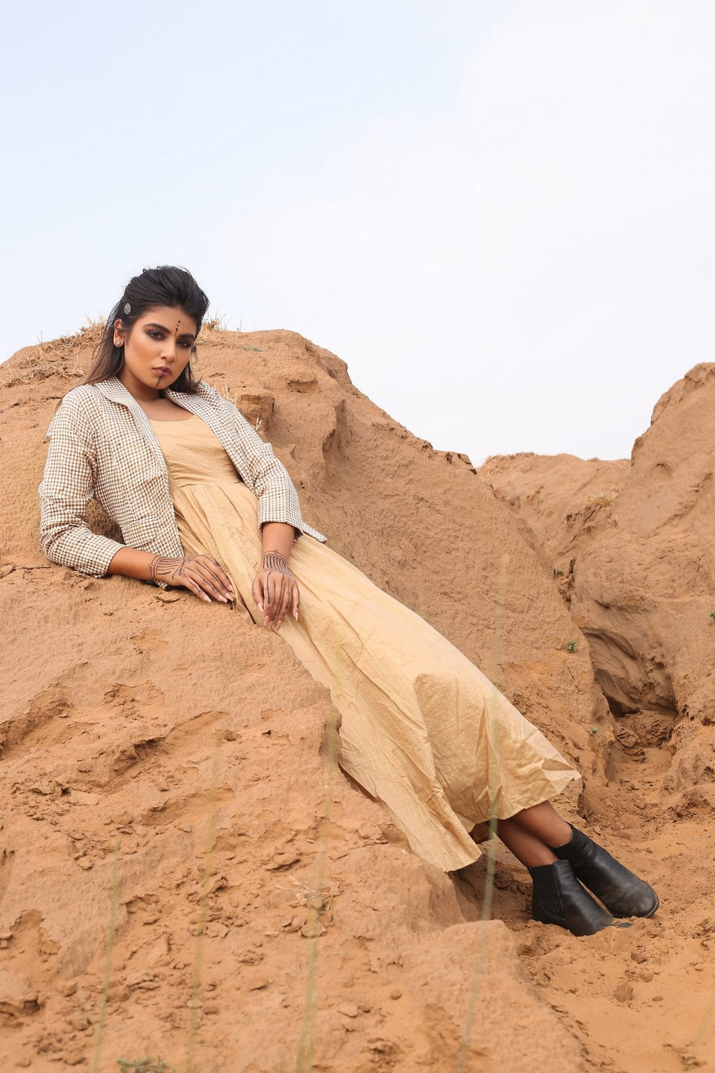 Brown Checkered Short Jacket With Spaghetti Dress - Set Of Two at Kamakhyaa by Keva. This item is Brown, Checks, Co-ord Sets, Cotton, Cotton Lurex, Desert Rose, Dress Sets, fall, For Mother, For Mother W, Jackets, Midi Dresses, Natural, Relaxed Fit, Resort Wear, Womenswear