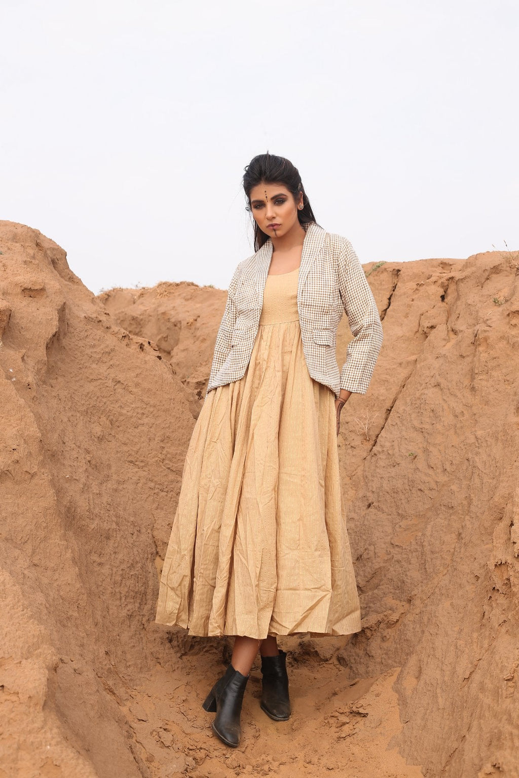 Brown Checkered Short Jacket With Spaghetti Dress - Set Of Two at Kamakhyaa by Keva. This item is Brown, Checks, Co-ord Sets, Cotton, Cotton Lurex, Desert Rose, Dress Sets, fall, For Mother, For Mother W, Jackets, Midi Dresses, Natural, Relaxed Fit, Resort Wear, Womenswear