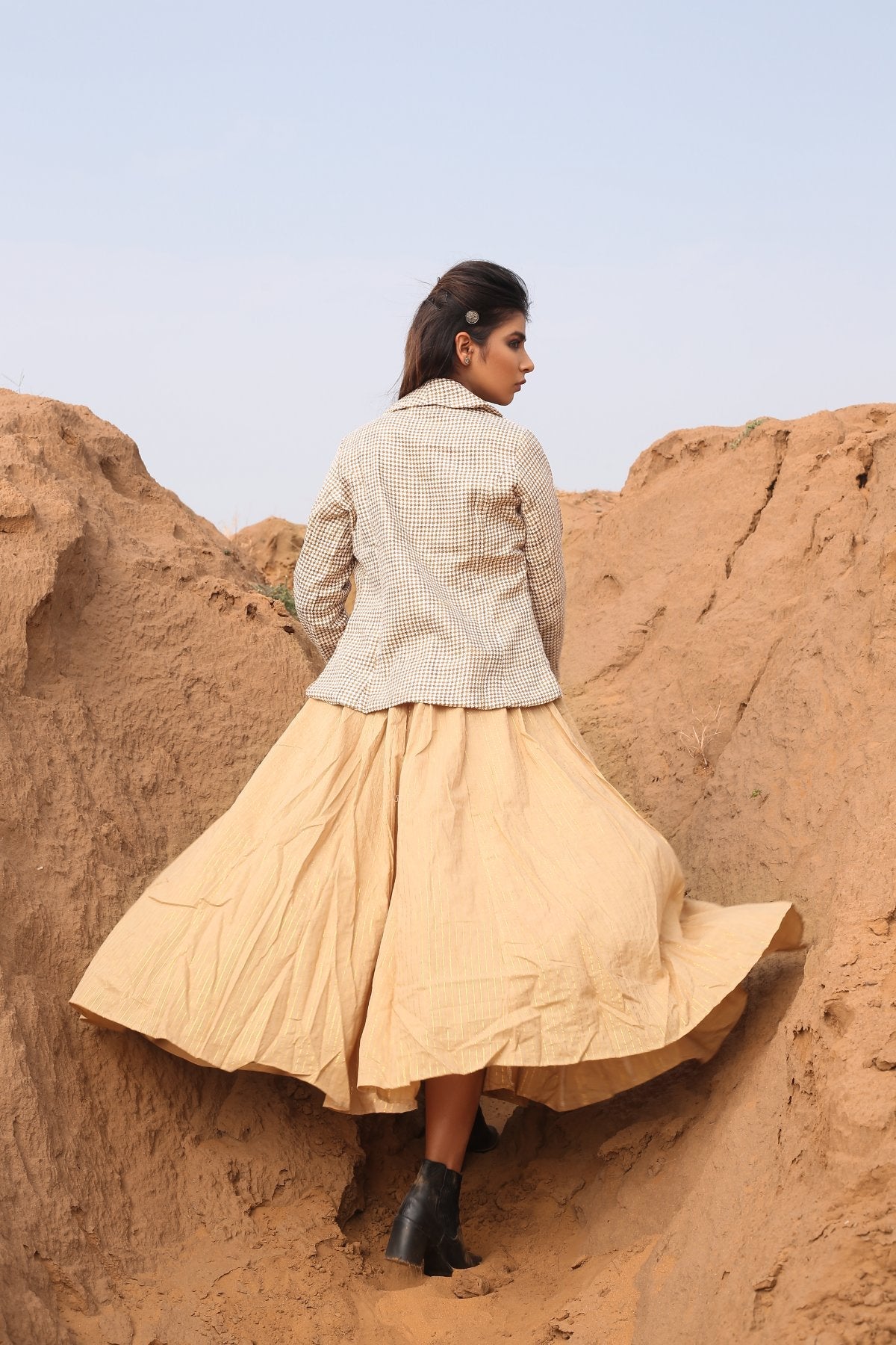 Brown Checkered Short Jacket With Spaghetti Dress - Set Of Two at Kamakhyaa by Keva. This item is Brown, Checks, Co-ord Sets, Cotton, Cotton Lurex, Desert Rose, Dress Sets, fall, For Mother, For Mother W, Jackets, Midi Dresses, Natural, Relaxed Fit, Resort Wear, Womenswear