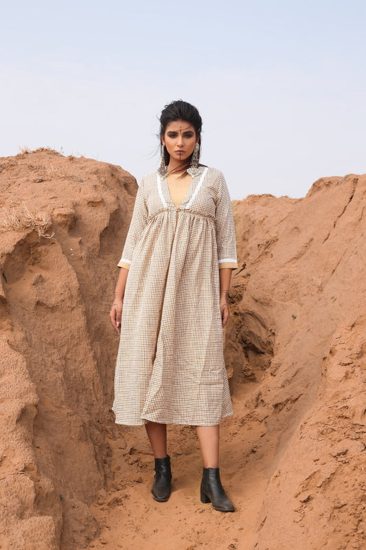Brown Chekered Calf Length Dress With Inner - Set Of Two at Kamakhyaa by Keva. This item is Brown, Checks, Cotton, Cotton Lurex, Desert Rose, fall, Midi Dresses, Natural, Relaxed Fit, Resort Wear, Womenswear