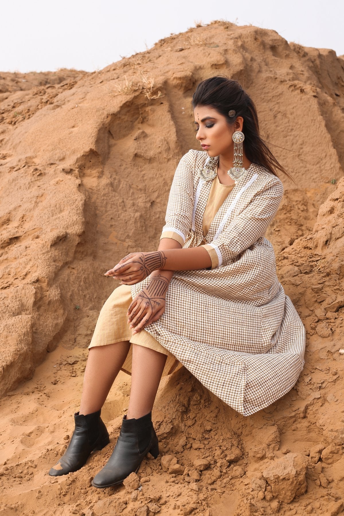 Brown Chekered Calf Length Dress With Inner - Set Of Two at Kamakhyaa by Keva. This item is Brown, Checks, Cotton, Cotton Lurex, Desert Rose, fall, Midi Dresses, Natural, Relaxed Fit, Resort Wear, Womenswear